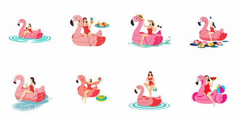 Fototapeta premium Set of eight summer-themed illustrations featuring a woman in a red swimsuit enjoying various activities on a pink flamingo pool float.