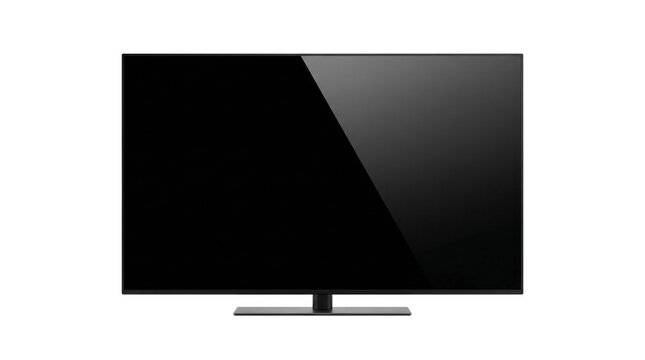 Contemporary flat screen television with black reflective display, isolated on pure white background, copy space