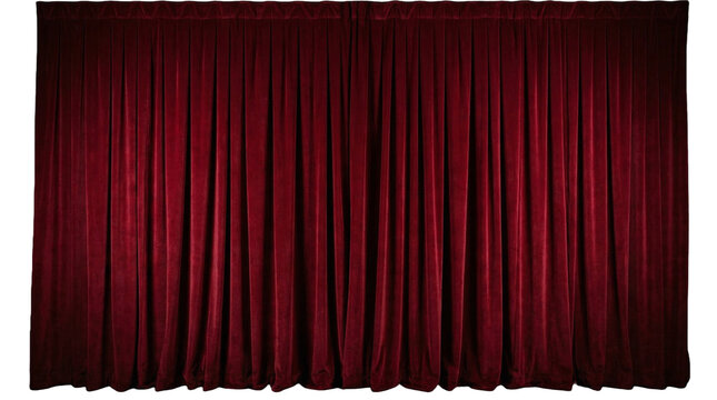 Classic red velvet stage curtains draped and closed, ready for performance or theater event, isolated on white background, red curtain