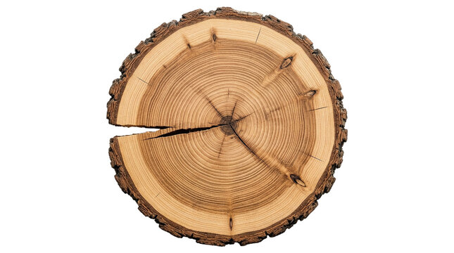 Detailed cross section of a cut tree trunk log showing annual growth rings and cracks, isolated on a pure white background, forest management
