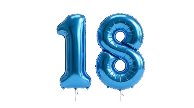 Blue foil balloons forming number 18 for birthday, anniversary, or coming of age celebration on white background, blue balloon
