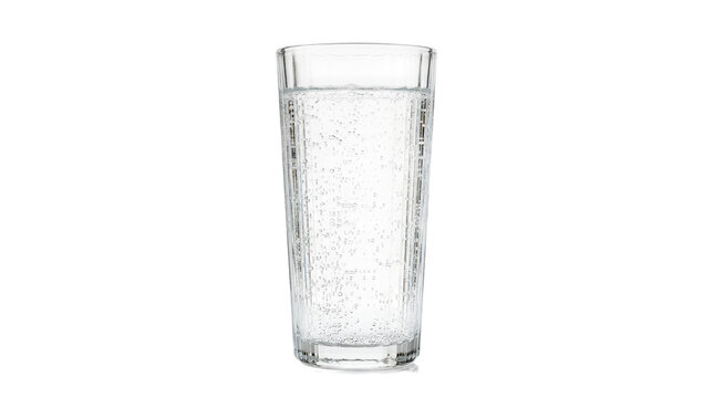 Refreshing glass of sparkling mineral water with bubbles, isolated on clean white background, promoting hydration and healthy drinks, cold drink