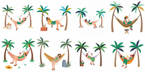 Fototapeta premium Set of vector illustrations depicting women relaxing, sleeping, and reading in hammocks under palm trees during a tropical summer holiday.