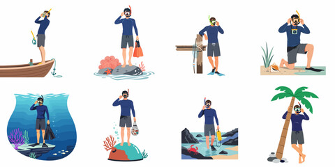Flat vector illustration collection of a man snorkeling in various beach, boat, and underwater settings during a tropical vacation. © Maya