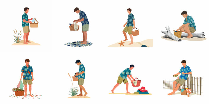 Vector set of a young man enjoying a beach picnic, carrying a basket, and relaxing on the sand in various poses.