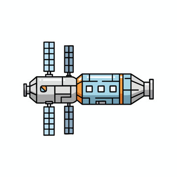 A stylized satellite with solar panels, connected modules, and docking ports