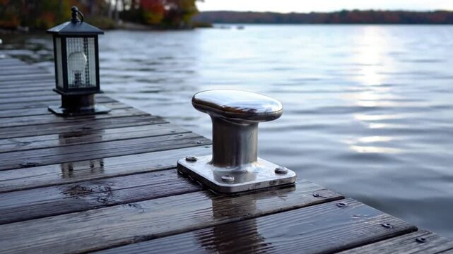 Rainy dock with a boat cleat and a lamp post near a calm lake in autumn with atmospheric conditions