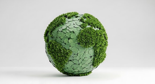 A spherical object covered in green foliage and coin-like patterns, resembling a globe made of nature and currency elements.