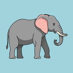 Obraz premium Stylized grey elephant with pink ears and tusks walks against blue background