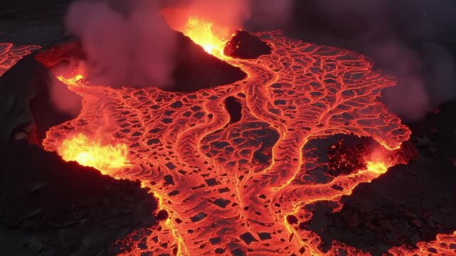 Rivers Of Lava Flowing Across An Active Volcanic Field Now