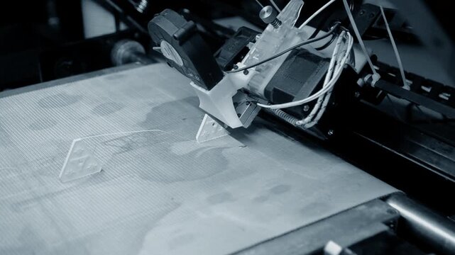 3D printer. 3D printer printing object close-up. 3D printer printing model white color. Working 3D printer. Concept printing technology. New modern additive progressive technology. FDM technologies