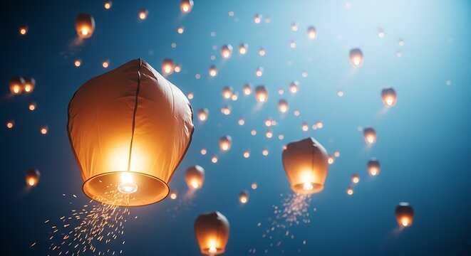Glowing lanterns flying in the night sky.