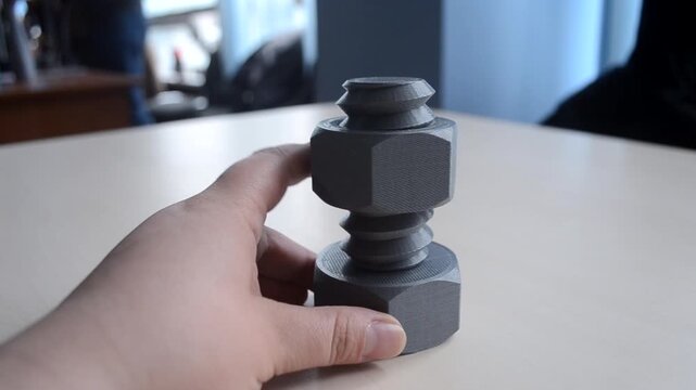 Person twisting with finger nut on plastic bolt printed on 3D printer. Models printed on 3D printer. Concept of creating prototypes on 3D printer. Technology FDM. New modern additive technologies.