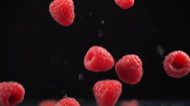 Fresh red raspberries falling against dark background