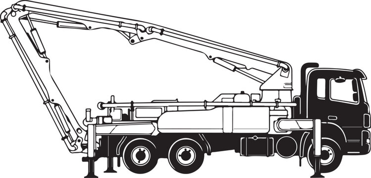 A detailed black and white line drawing depicts a concrete pump truck in a side profile view