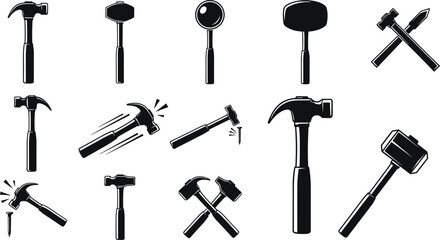 Collection of black silhouette hammer icons including claw, sledge, mallet, crossed hammers, striking tools for construction, carpentry, repair illustration © boishakhisarker