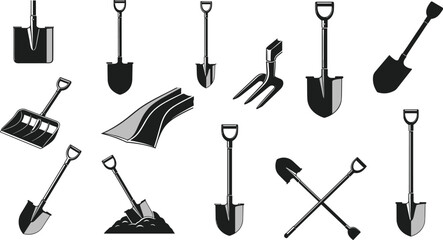 Collection of shovel and garden tool silhouettes including spade snow shovel digging tools and crossed shovels icons isolated for gardening landscaping design © urmilarani