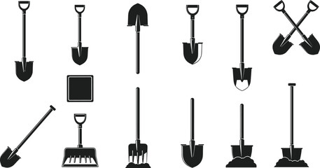 Collection of shovel and spade silhouettes, gardening hand tool icon set for agriculture, landscaping, farming work, digging and outdoor maintenance © urmilarani