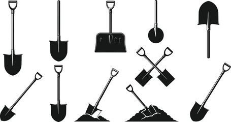 Collection of twelve black silhouette shovel icons including flat, pointed, snow, round, crossed designs for gardening, construction, manual labor illustration © urmilarani