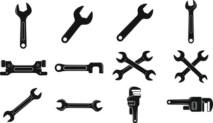 Fototapeta premium Collection of twelve black silhouette wrench and spanner icons including adjustable, pipe, open‑end, double‑ended, crossed tools for mechanical repair illustration
