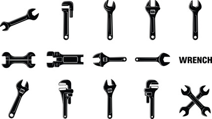 Obraz premium Collection of wrench, adjustable spanner and pipe wrench silhouettes, mechanic hand tool icon set for plumbing repair, construction maintenance and workshop