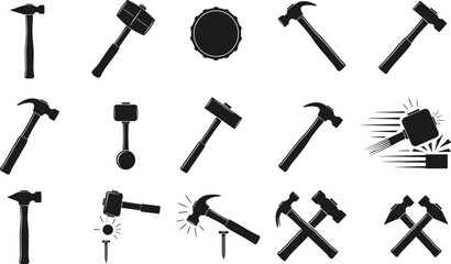 Collection of hammer and mallet silhouettes with nail striking icons, carpentry hand tool set for construction, woodworking, repair workshop and DIY © boishakhisarker