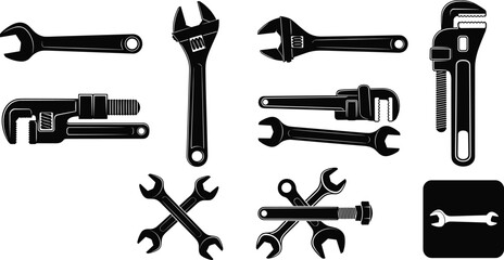 Obraz premium Collection of wrench, adjustable spanner and pipe wrench silhouettes, mechanic hand tool icon set for plumbing repair, construction maintenance and workshop