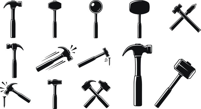 Collection of black silhouette hammer icons including claw, sledge, mallet, crossed hammers, striking tools for construction, carpentry, repair illustration
