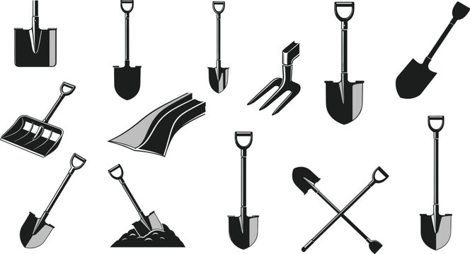 Collection of shovel and garden tool silhouettes including spade snow shovel digging tools and crossed shovels icons isolated for gardening landscaping design