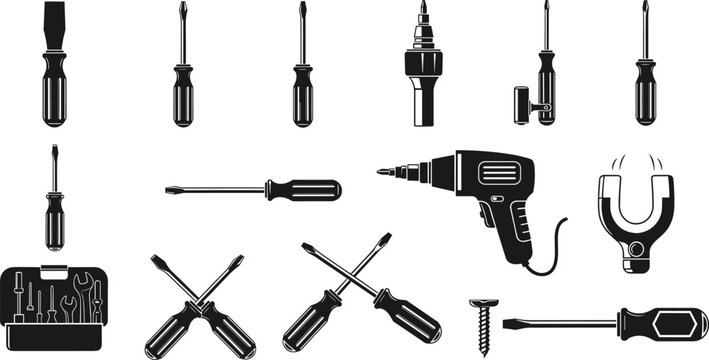 Collection of black silhouette icons showing screwdrivers, power drill, toolbox, magnet, screws, tool case, crossed tools for repair, DIY illustration