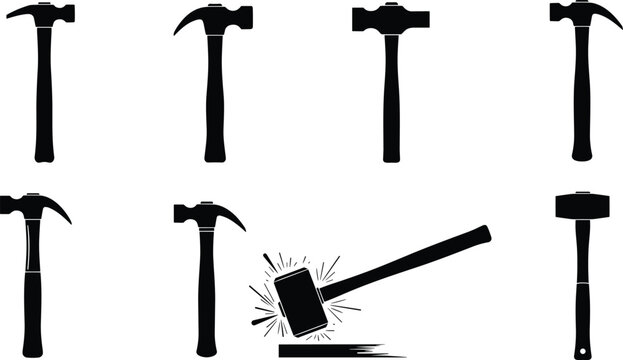 Collection of eight black silhouette hammer icons including claw, sledge, mallet, impact strike tool for construction, carpentry, repair illustration