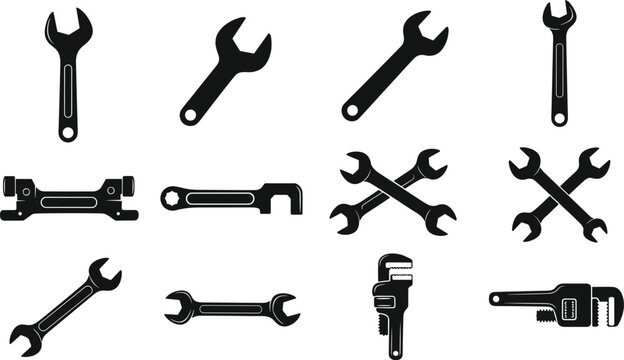 Collection of twelve black silhouette wrench and spanner icons including adjustable, pipe, open‑end, double‑ended, crossed tools for mechanical repair illustration