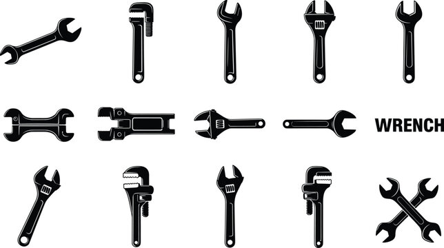Collection of wrench, adjustable spanner and pipe wrench silhouettes, mechanic hand tool icon set for plumbing repair, construction maintenance and workshop