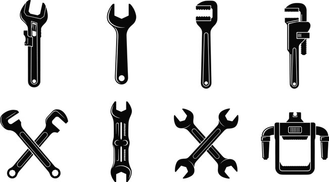 Collection of wrench, adjustable spanner and pipe wrench silhouettes, mechanic hand tool icon set for plumbing repair, construction workshop maintenance