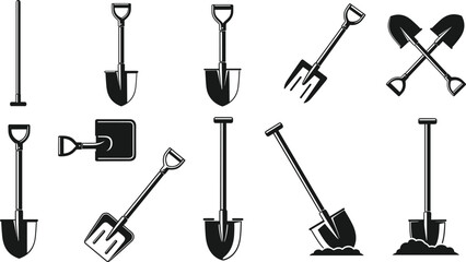 Garden shovel and digging tool silhouettes collection including spade fork and crossed shovels isolated for agriculture landscaping gardening equipment design © urmilarani