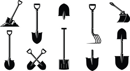 Shovel and digging tools silhouette set including spade garden fork and crossed shovels isolated on white background for construction gardening landscaping and agriculture design use © uzzala