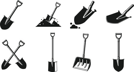 Shovel silhouettes collection with digging spade snow shovel crossed tools and soil elements isolated on white background for construction gardening and landscaping design use © uzzala