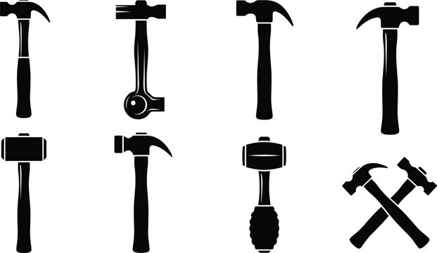 Hammer tool silhouettes collection including claw hammer mallet and crossed hammers isolated for construction carpentry repair hardware workshop design