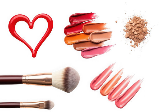 A collection of makeup products and brushes isolated on transparent background