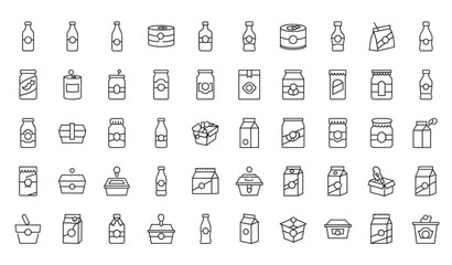 Fototapeta premium 50 Linear Dot Food Packaging Icons Set — Bottles Boxes Cans Vector Collection