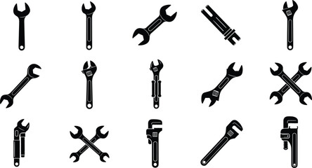 Obraz premium wrench, spanner, tools, adjustable, pipe, open‑end, mechanical, repair, maintenance, hardware, silhouette, vector, icon, equipment, industrial
