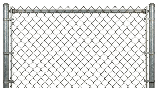 Sturdy metal chain link fence isolated on a white background, industrial security barrier for property and boundary demarcation, wire mesh