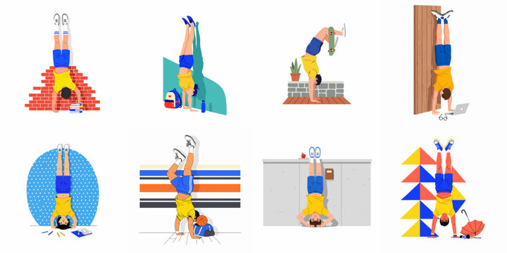 Collection of flat vector illustrations featuring a young boy performing handstands and headstands in various diverse settings and athletic activities.