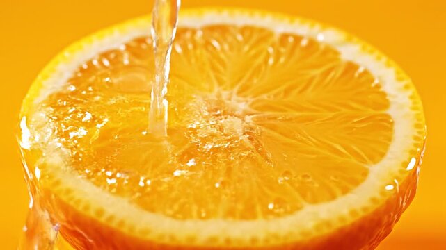 Fresh orange slice with juice pouring isolated on orange bac