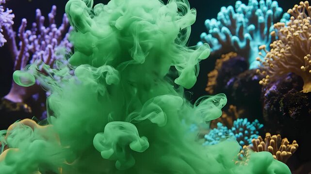 Vibrant Green Ink Swirls Through Coral Reef Waters Tonight