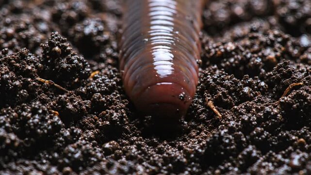 Close up view of a glistening earthworm in dark, rich soil, showcasing its wet, segmented body and movement