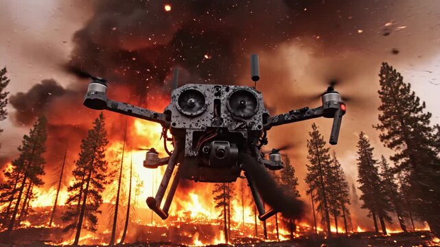 Aerial Quadruped Drone Amid Fiery Forest Inferno In Dramatic Action Scene