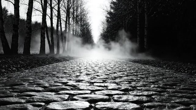 Cobblestone pathway disappearing into misty forest with bare trees and dark atmosphere creating a mysterious mood