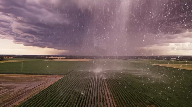 Storm Clouds Unleash Torrents Over Midwest Fields During Harvest
