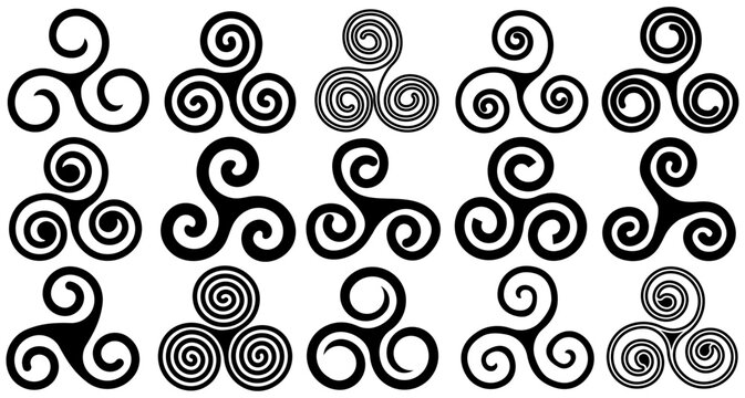 set triskele icon collection. Triskelion symbol tribal ornaments. triple spiral sign. Celtic knot logo design vector illustration